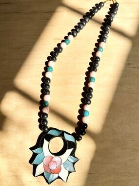 Vintage Beaded Pendant Necklace with Floral Inlay - Black, Teal, Pink, Blue